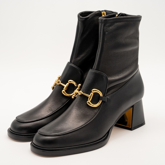 size 41.5eu 11.5 us Gucci Horsebit Stretch Chunk Heel Boots Black Leather - Picture 1 of 12